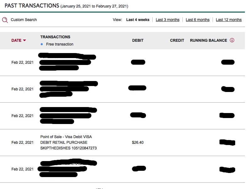 Screen shot of bank account information