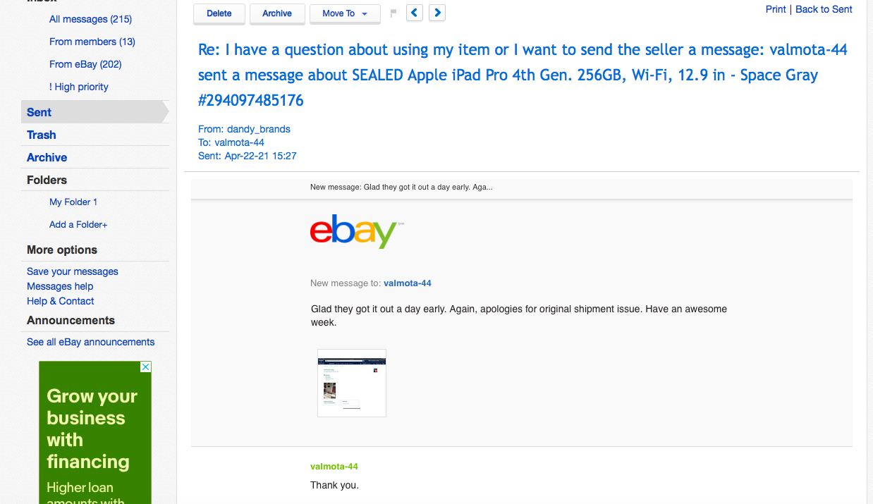 Interaction with Valerie on Ebay , giving updates