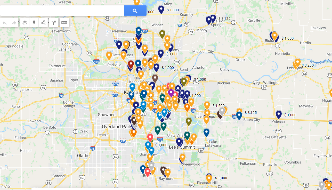 Map showing winning tickets in Kansas City