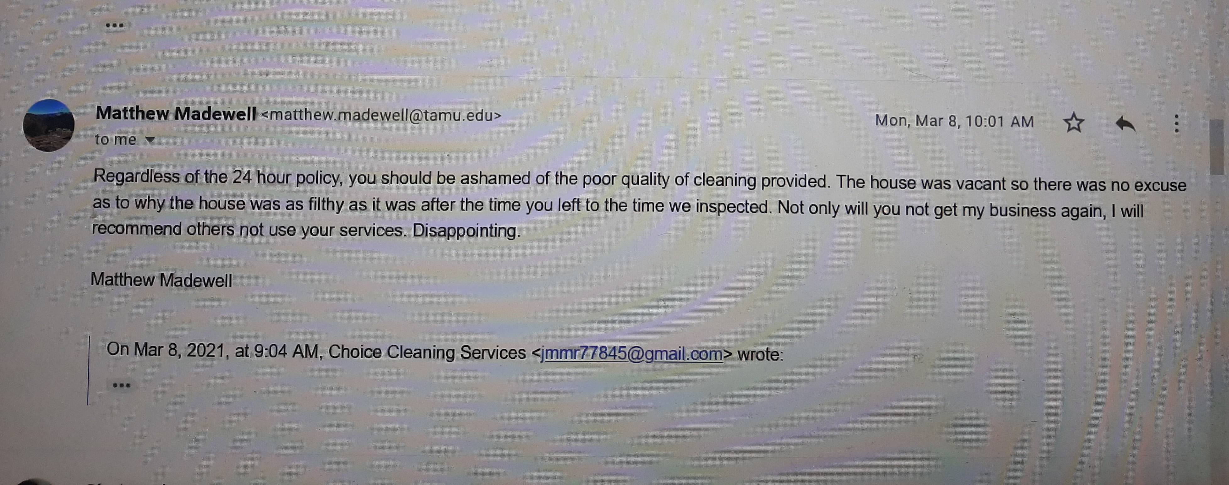 Final email threatening to disparage our Company