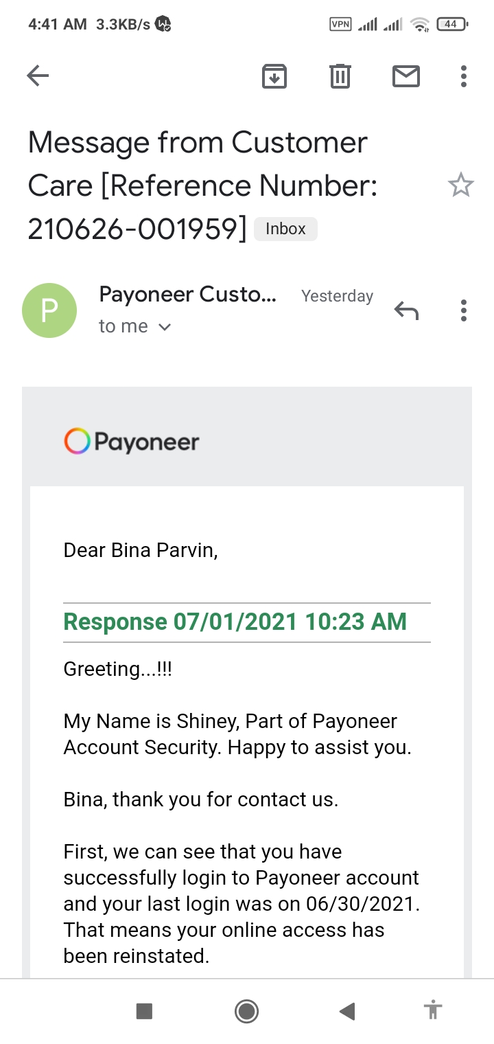Payoneer Customer Support Email Correspondent