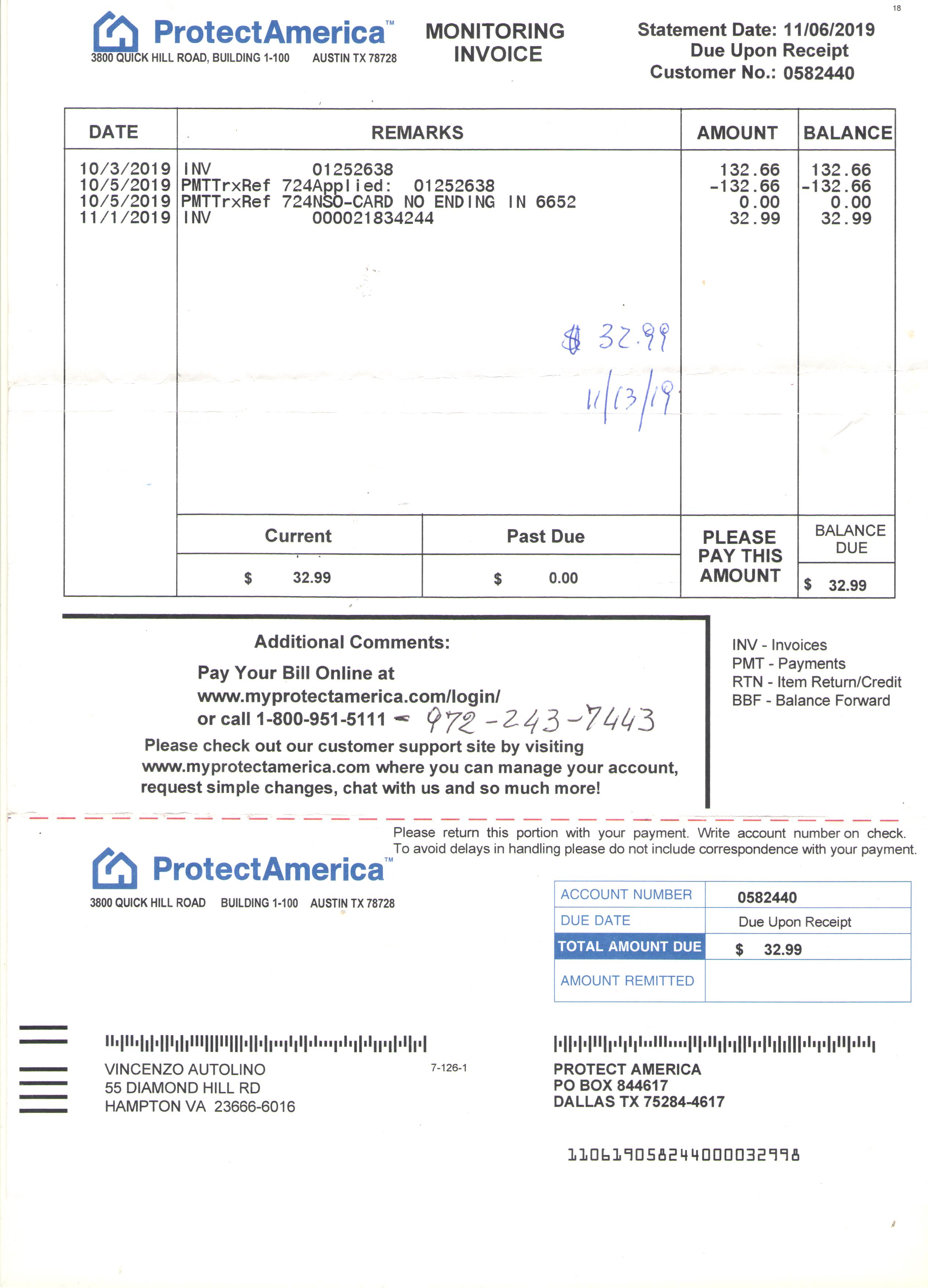 First Protect America invoice with cost of equipme