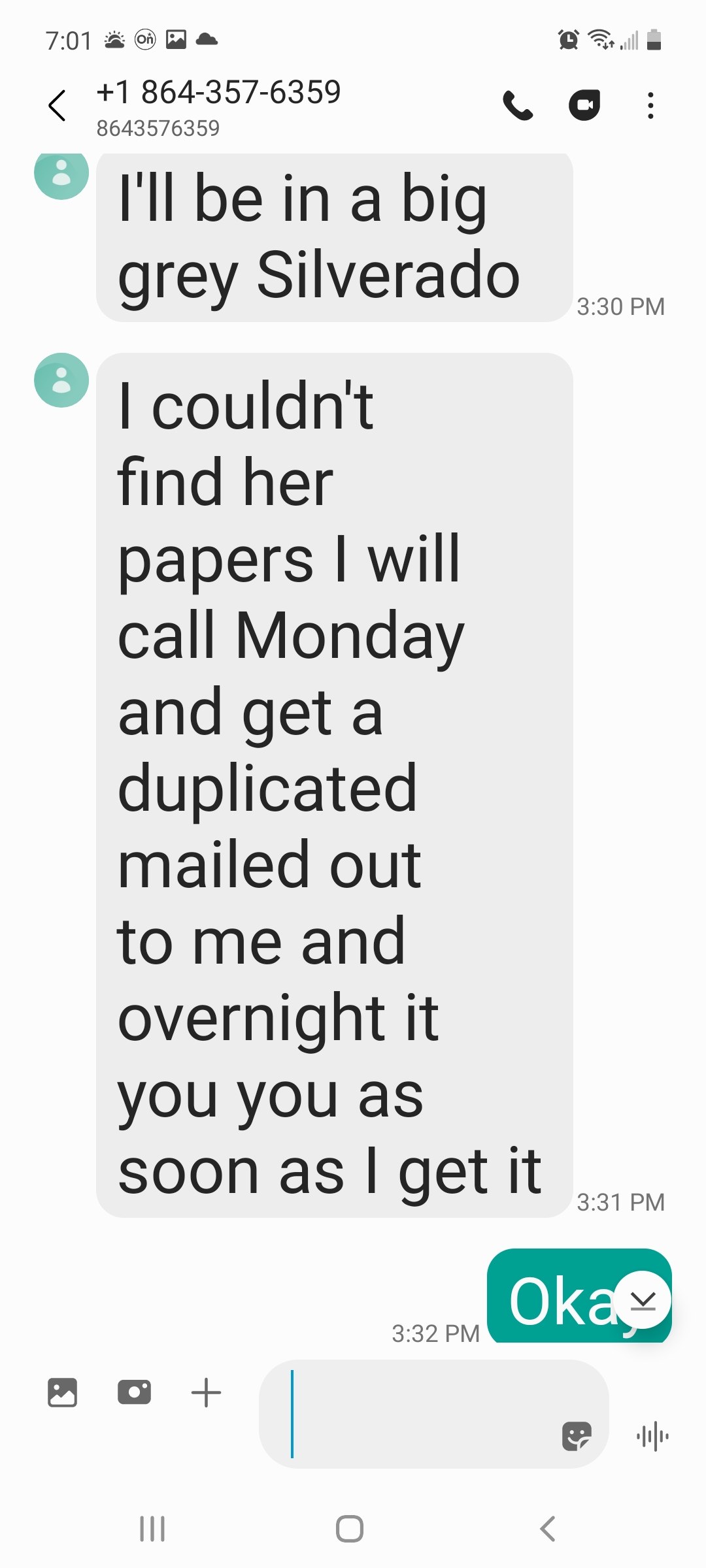 Text from Chris stating he lost her papers