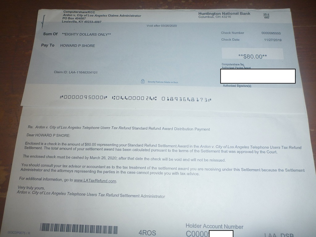 Kurtzman Carson Consultants Copies Of Class Action Settlement Check And Postcard Showing Proof