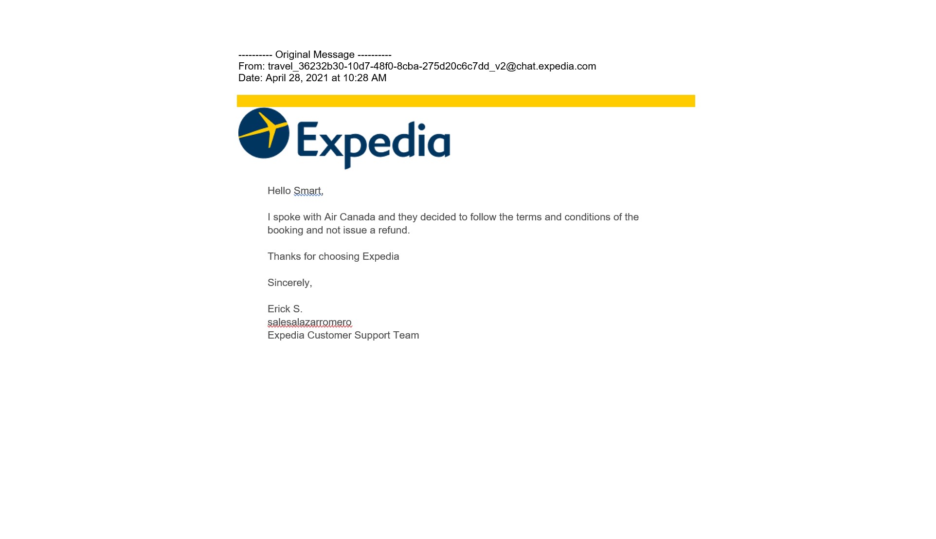 email from Expedia April 28, 2020