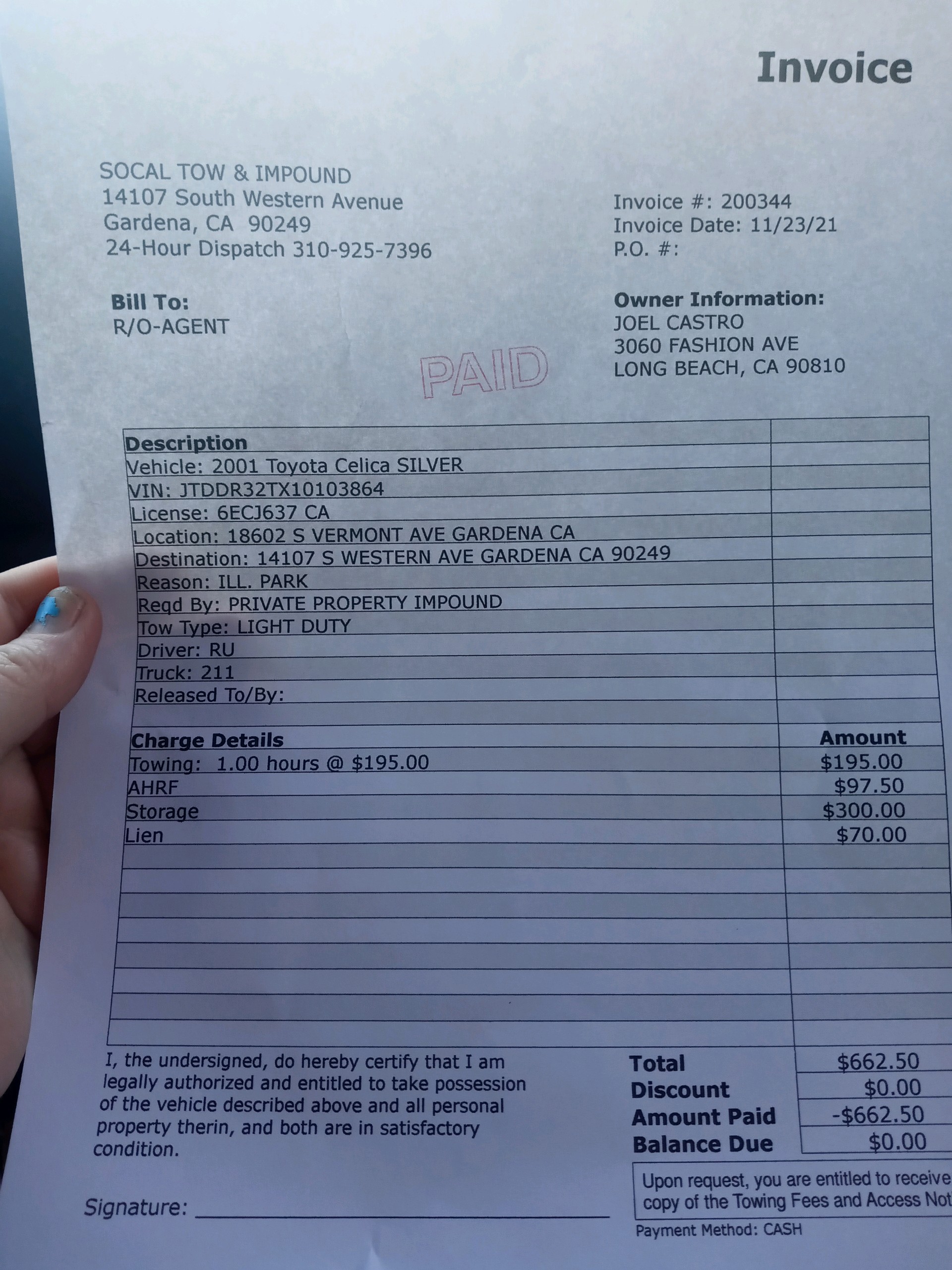 Receipt for Illegal tow 5 days $662