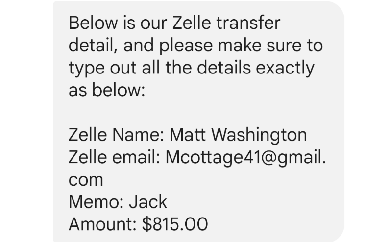 Zelle instructions to pay