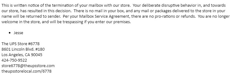 UPS Store #6778 - Jesse Wang - mailbox termination