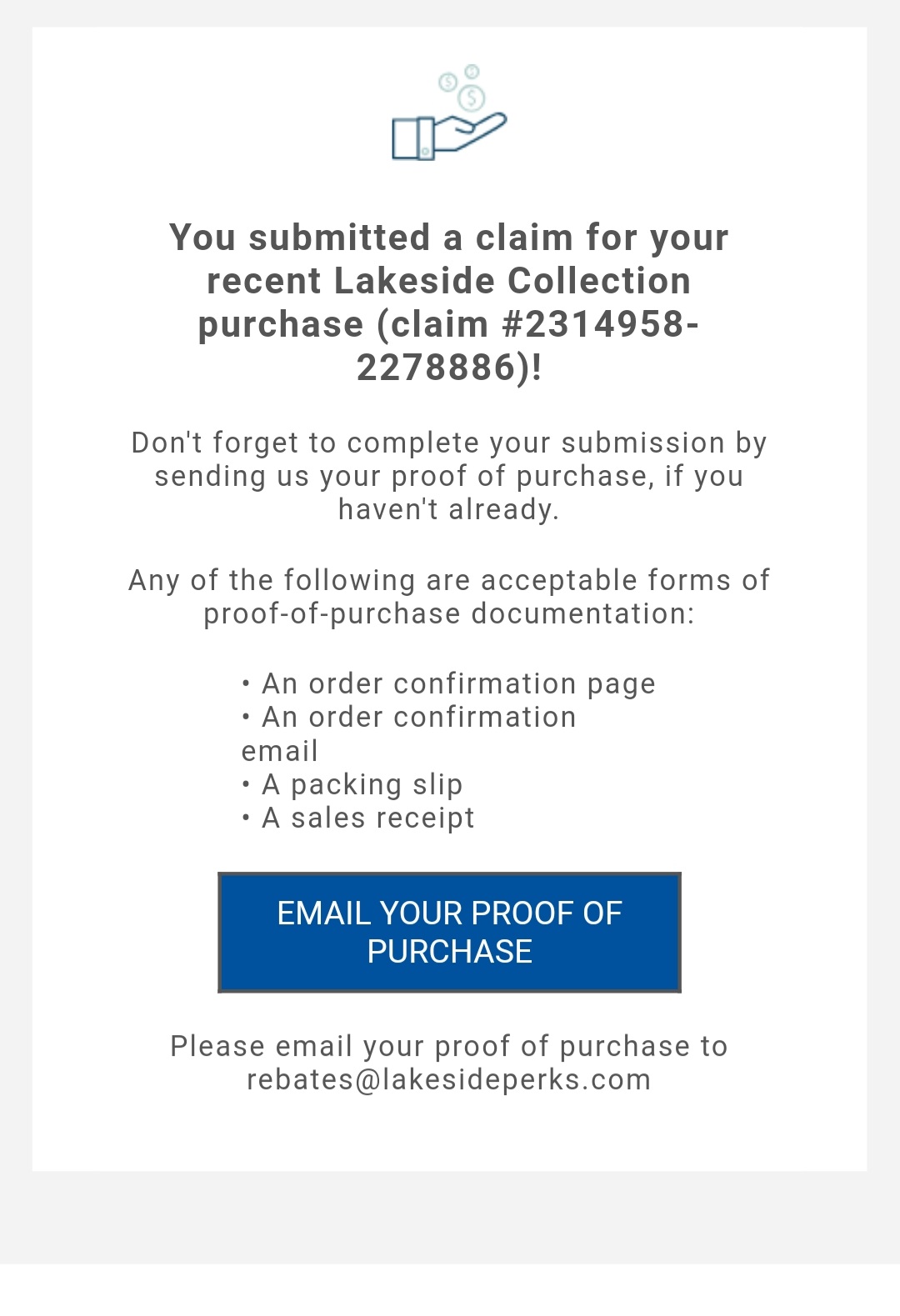Email from Lakeside about the rebate claim 