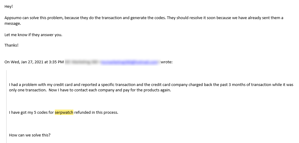 Reply from serpwatch regarding lost access