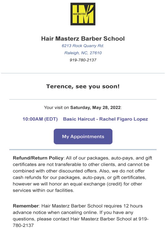 Legitimate appointment with student barber