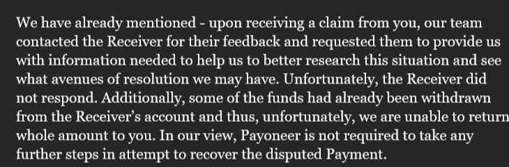 Payoneer response, allowing him to steal money