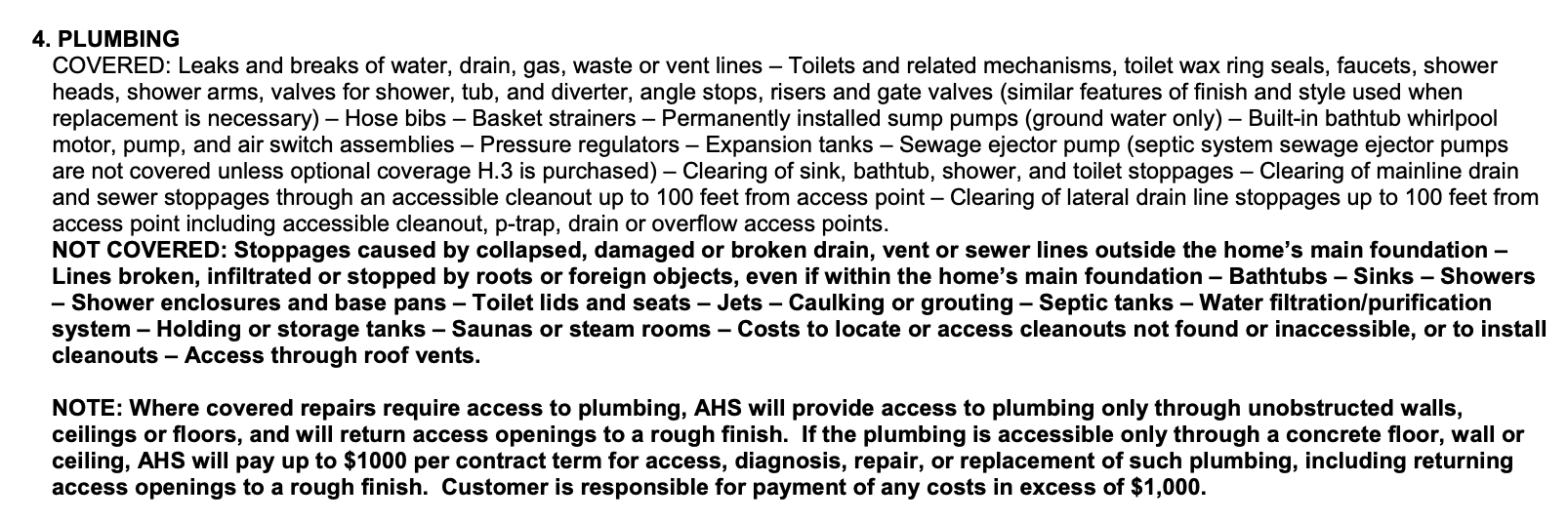 Plumbing issues covered by AHS
