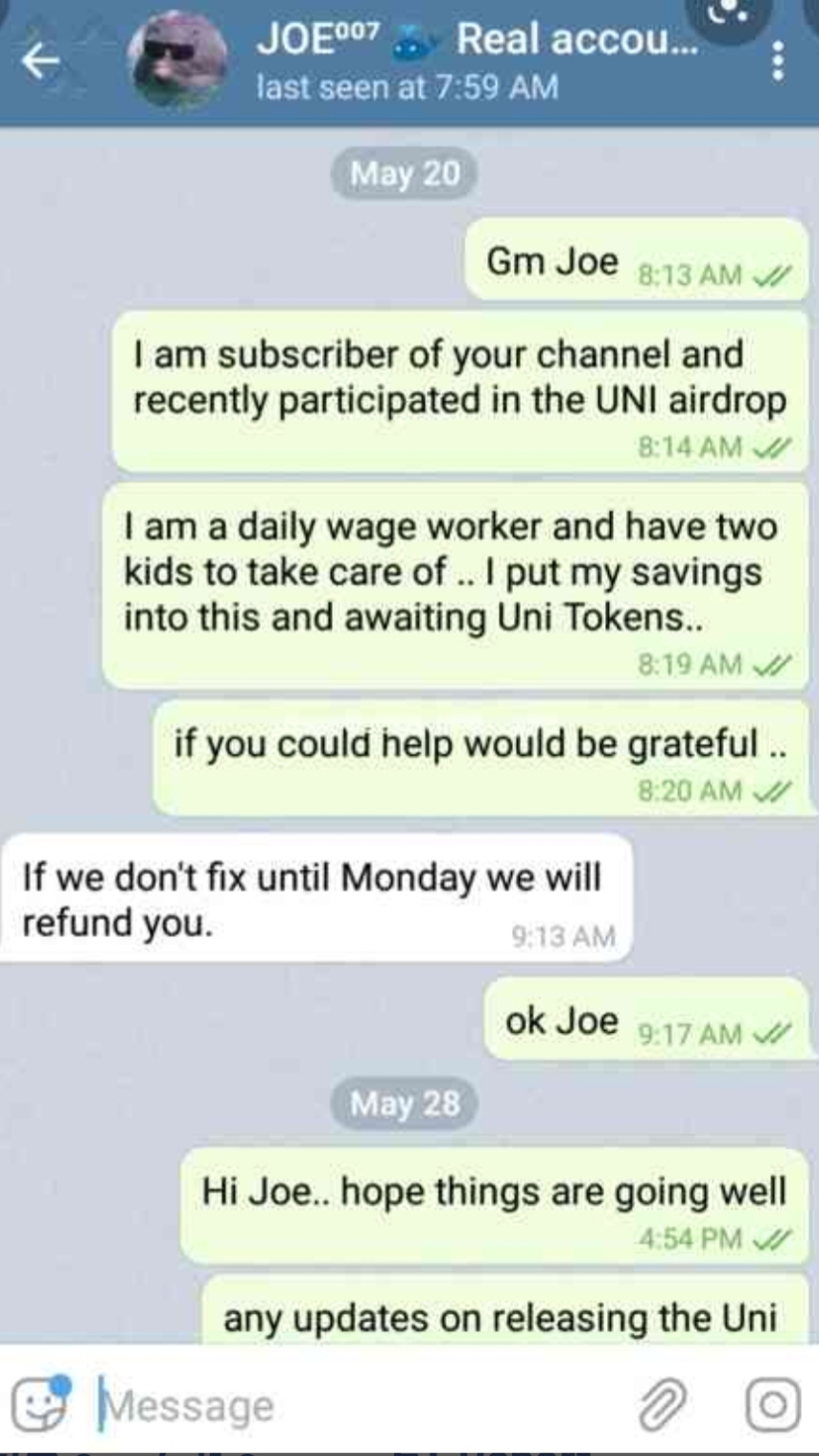 My text with Joe the scammer.