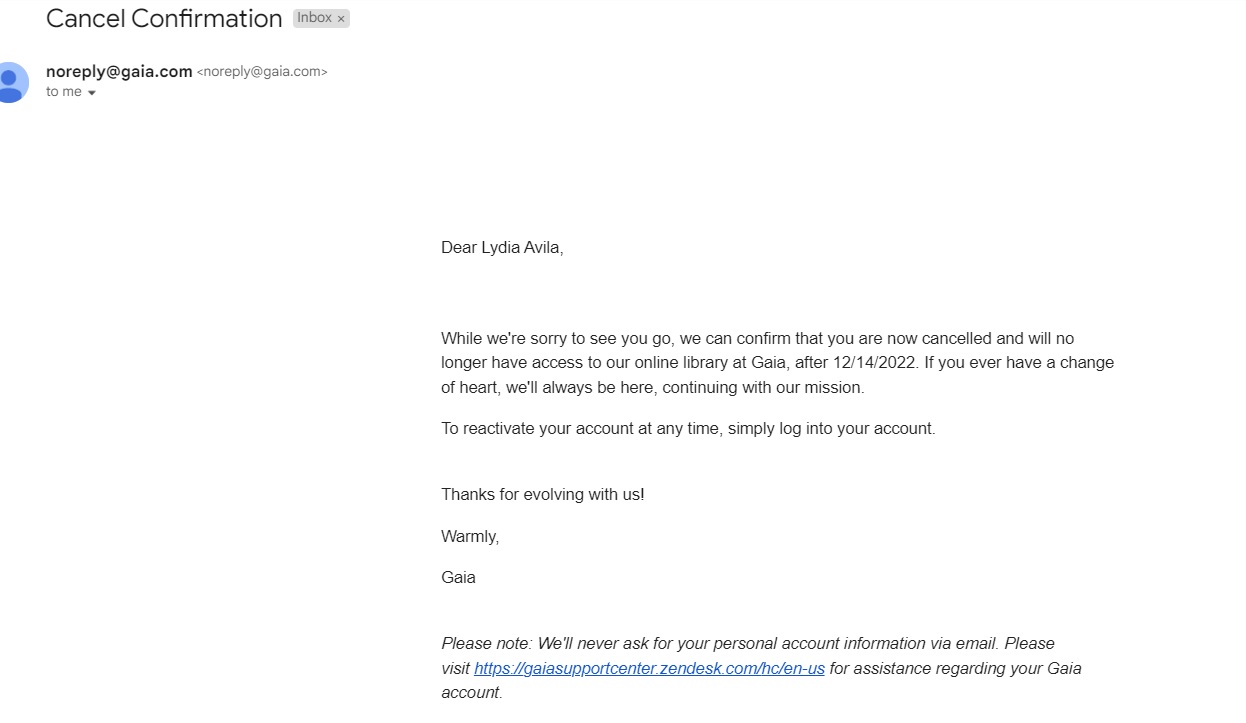 fake email claiming I cancelled