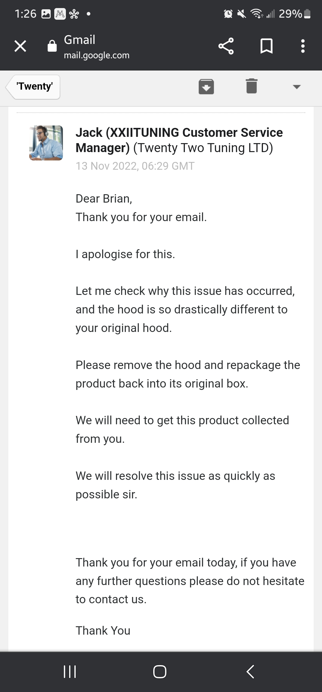 Email response from company 