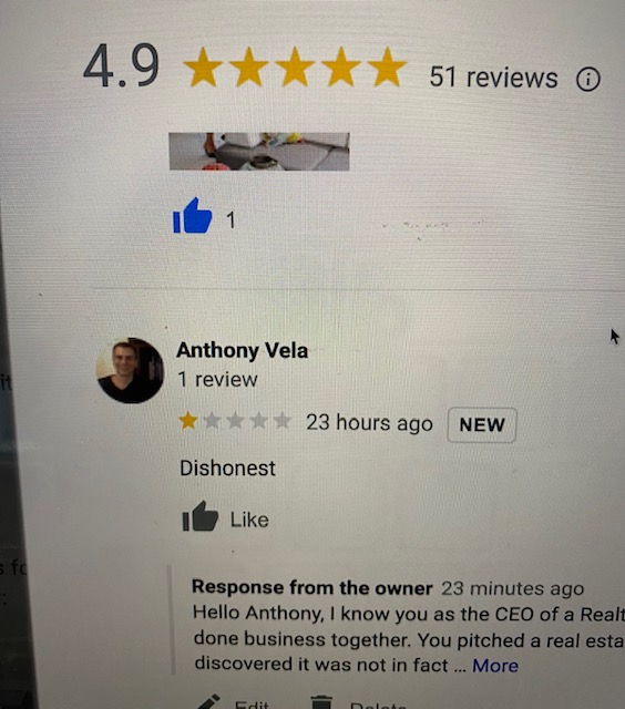 Anthony Vela's reveiw on my Google Business page 