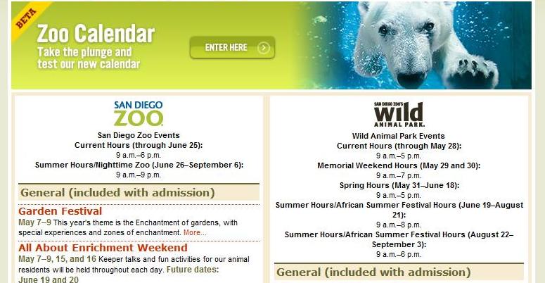 San Diego Wild Animal Park official website, with the operating hours changed.