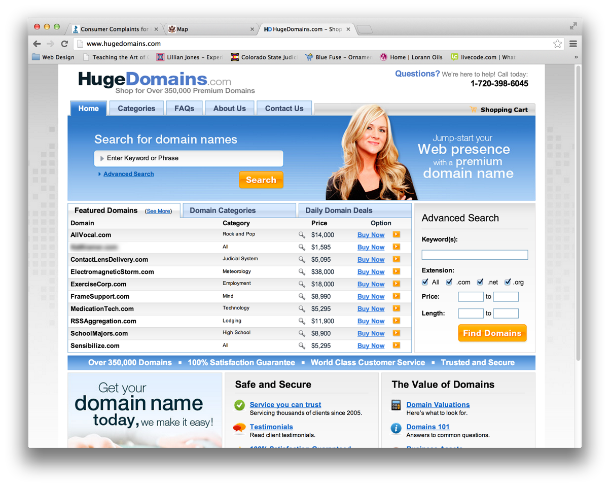In this image, they show at the top that they have "Over 350,000 Premium Domains."  They show "my" domain as being for sale for $1595.  Each time I access this page, the category changes, but my domai