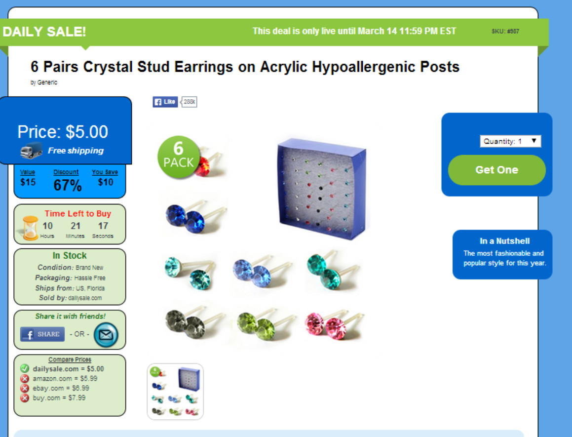 6 Pairs Crystal Stud Earrings on Acrylic Hypoallergenic Posts
