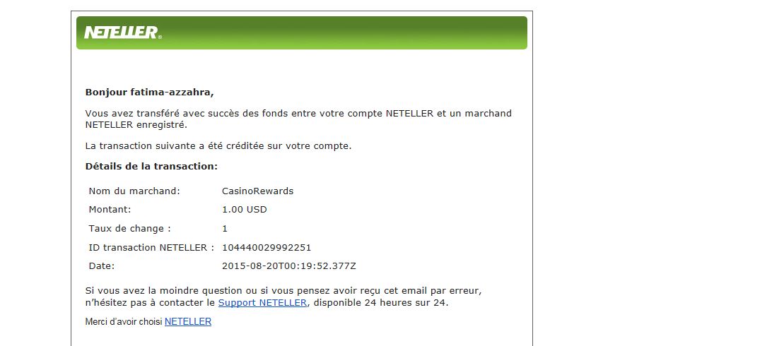 a screenshot a my neteller account confirmation of the deposit I made for zodiac casino