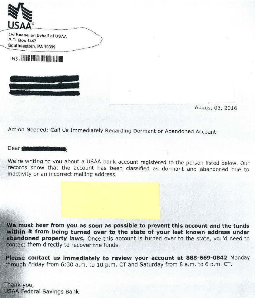 Identity theft: fake letter from USAA Aug 2016