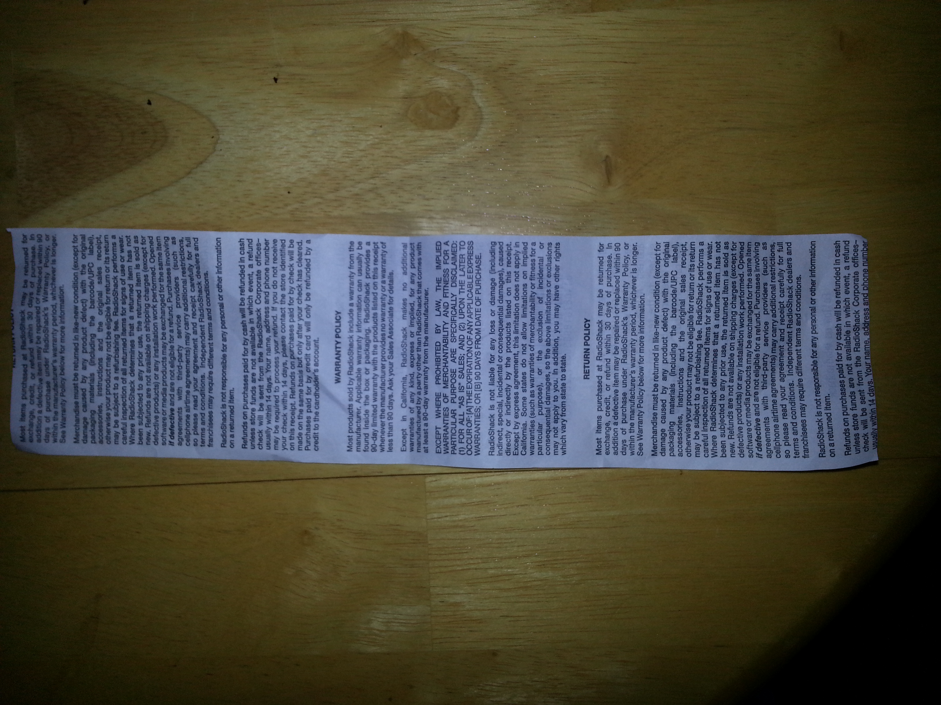 Took a picture of the whole back side of the receipt to show you what it looks like, and then I took a close up of the one where the return policy is.