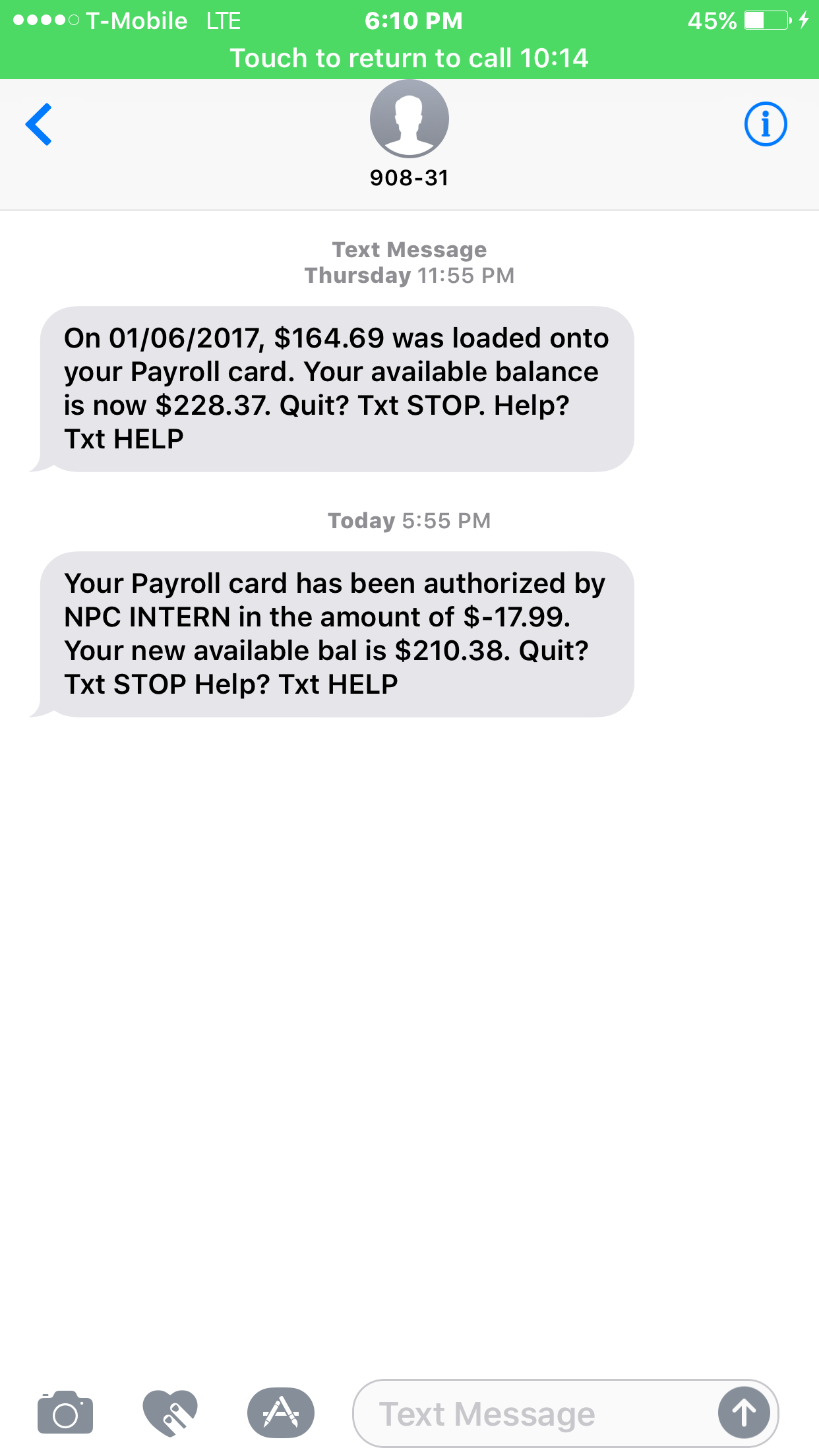 Text message of charge from NPC intern to my visa card