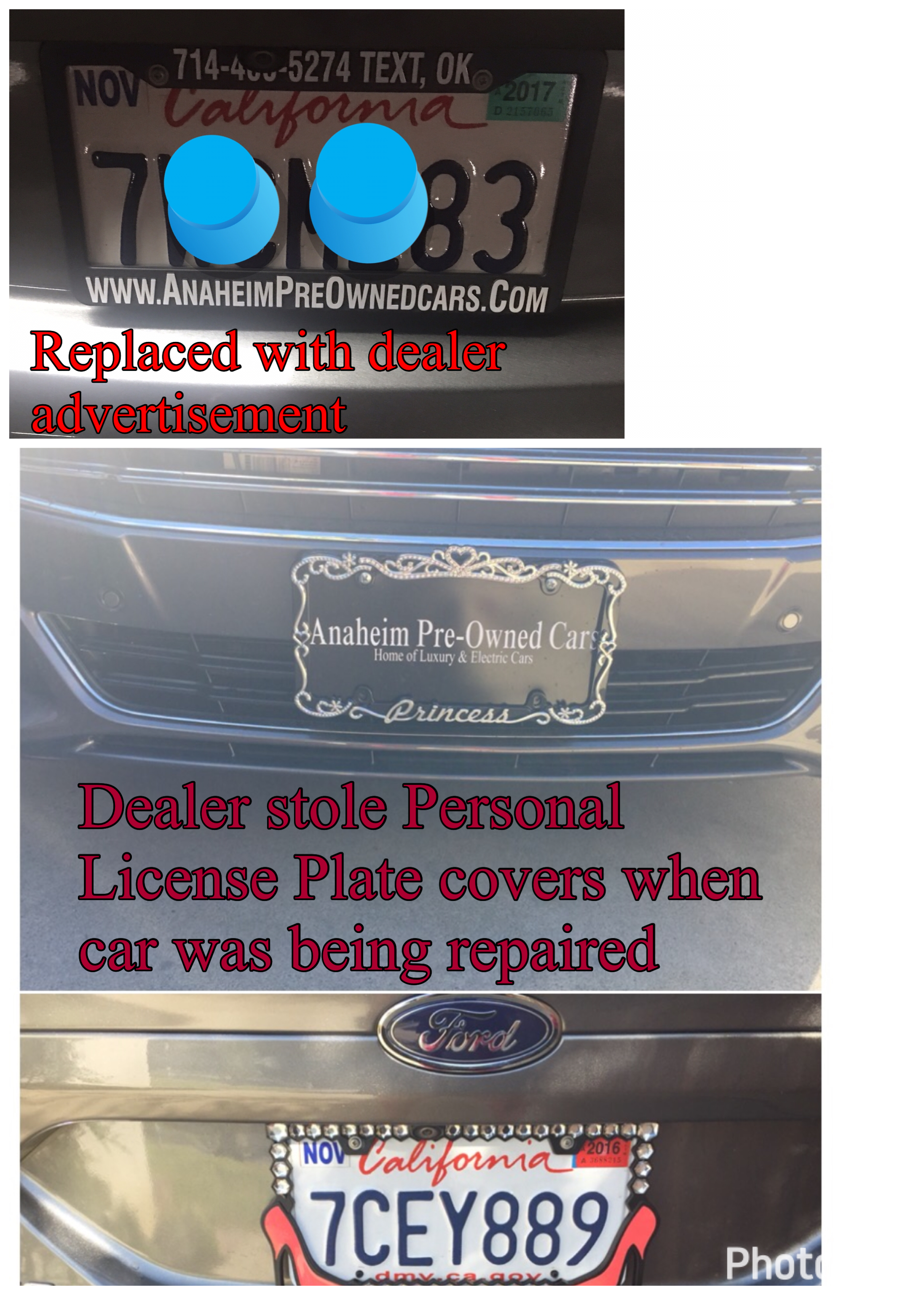 My license plate was stole when the car was serviced and replace with dealer plates 