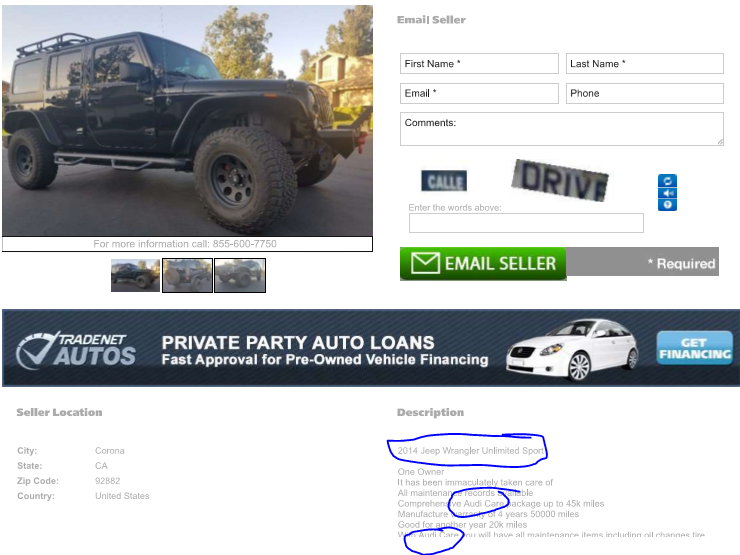 Completely wrong ad for Jeep copy paste audi description.