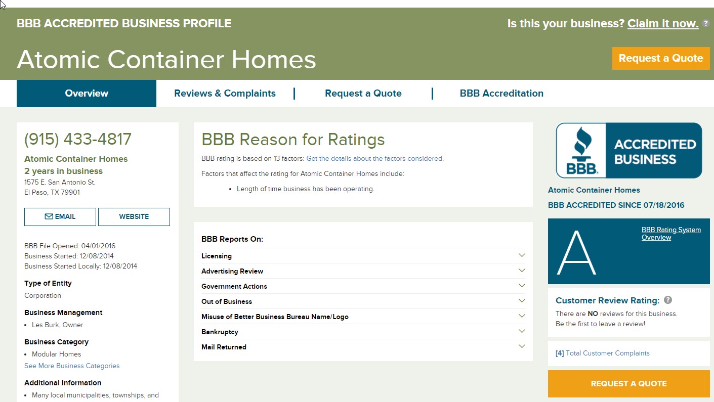 current rating by the EL Paso BBB on Atomic Container Homes, Inc.