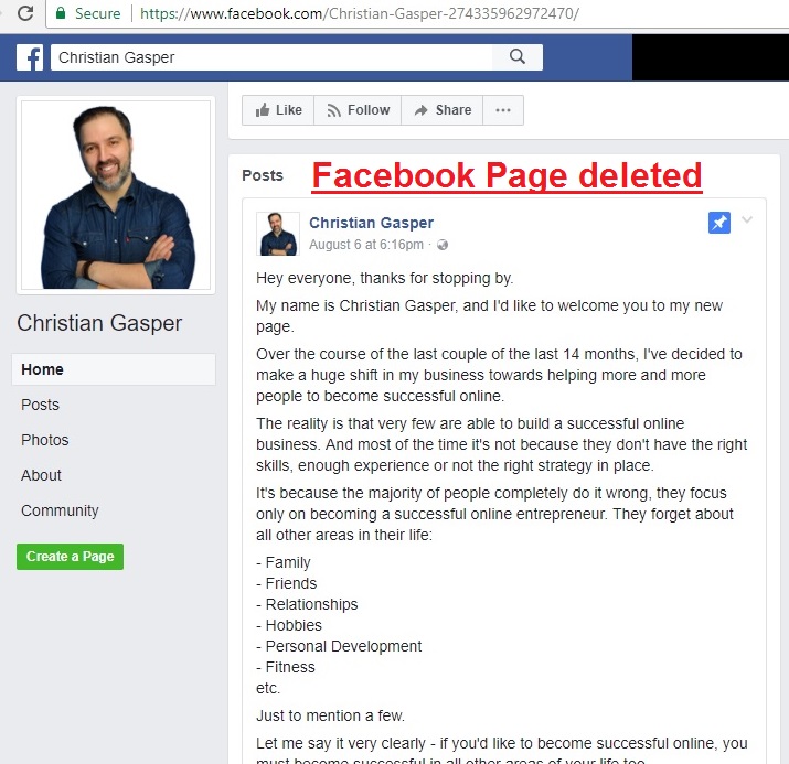 Christian Gasper Scammer Facebook Page August 2017