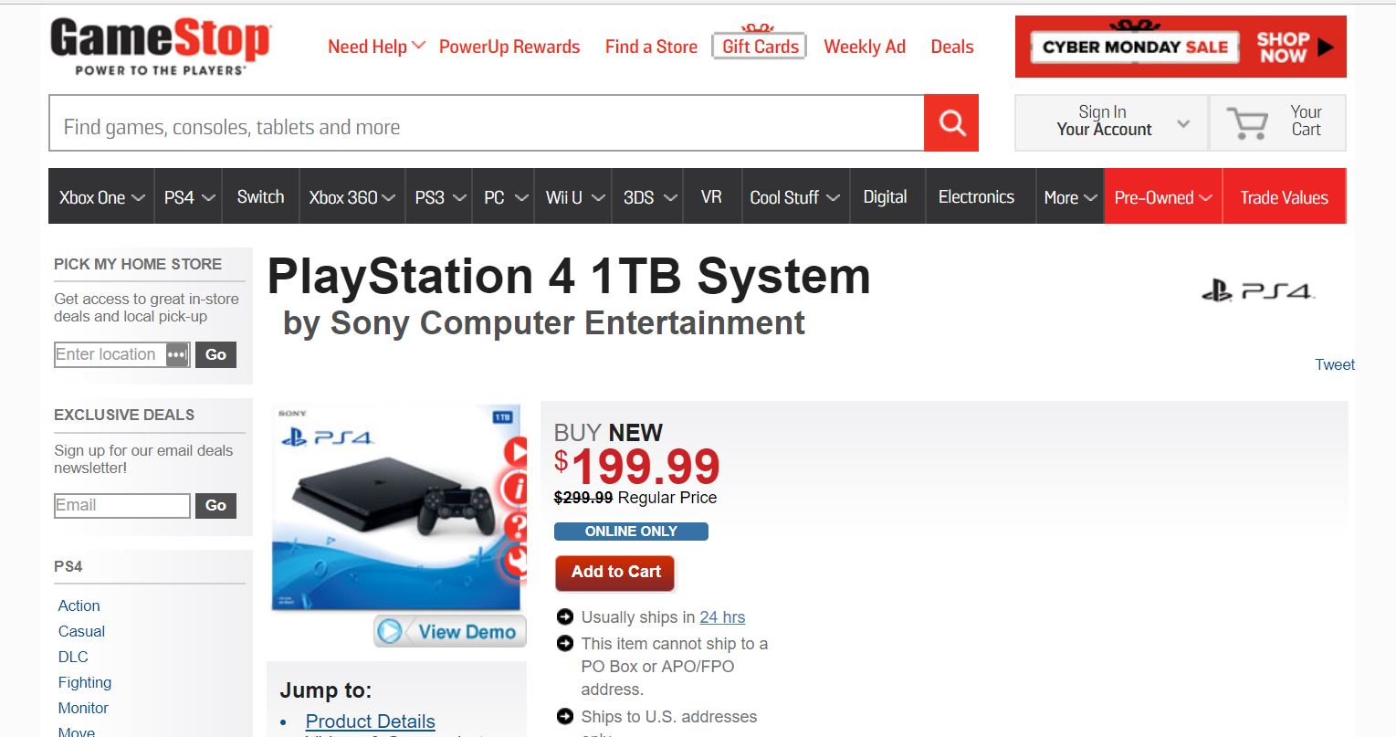 Web page showing PS4 priced at $199.99