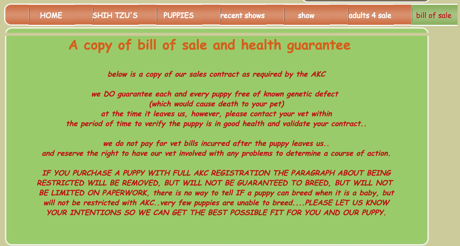 Guarantees not to sell a dog with genetic defects