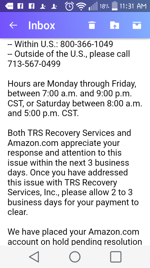 Email stating TRS Needs me to contact them
