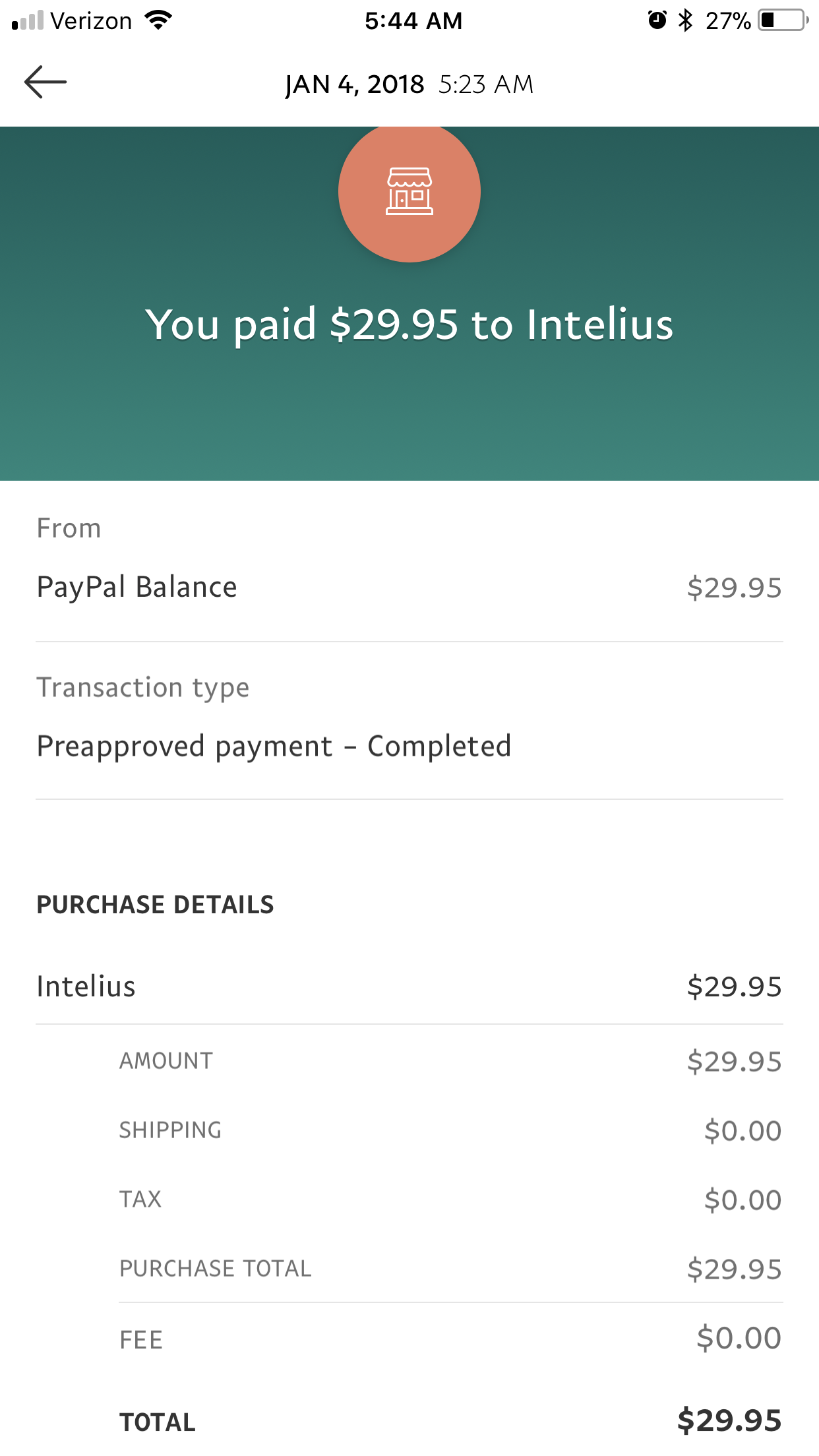 PayPal bill for $29.99