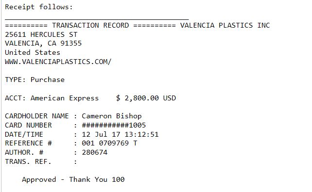Receipt for $2,800