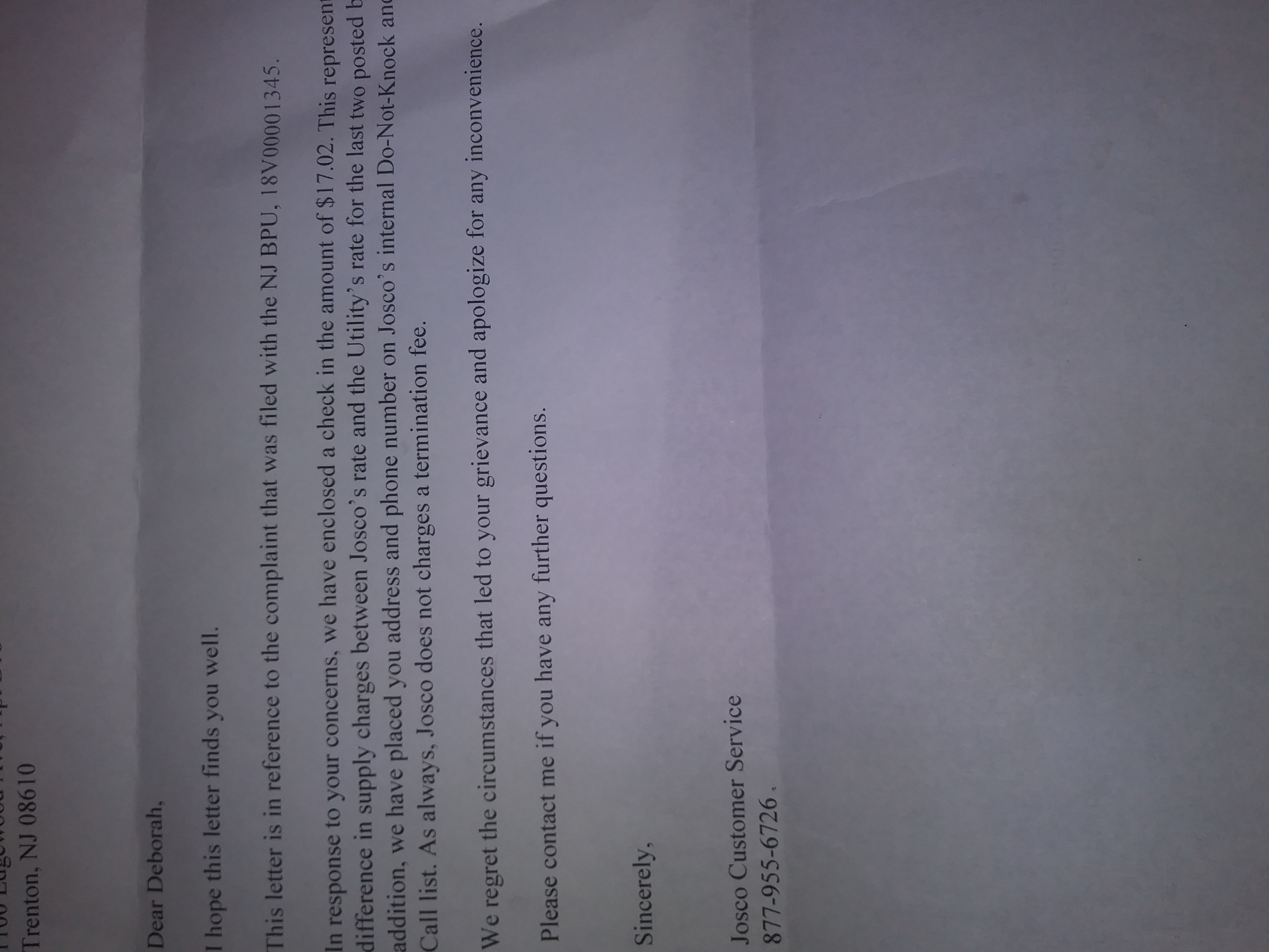 Josco's letter after my complaint