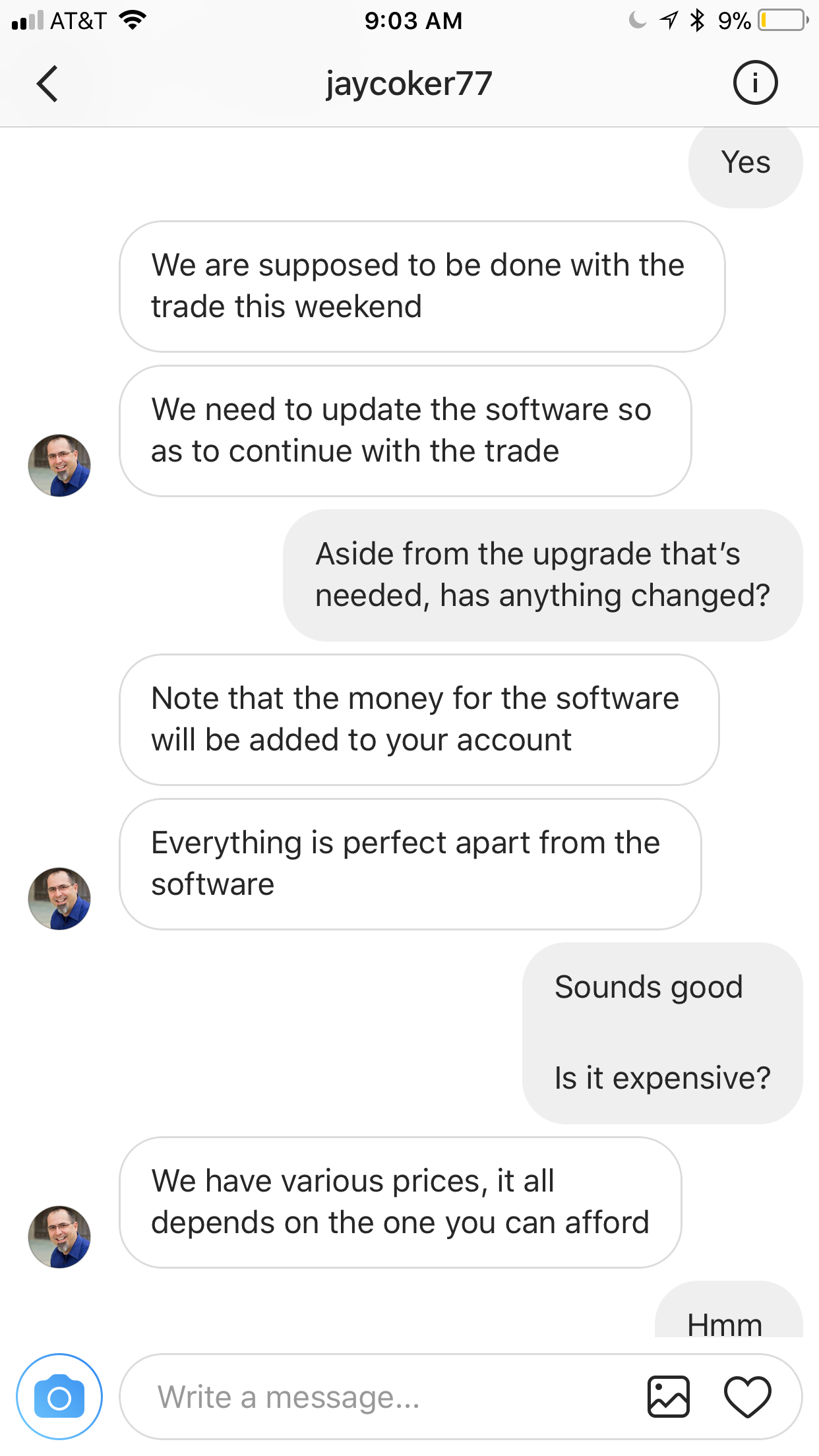 Convo where he wants me to buy new software