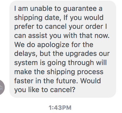 FB screen shot "no guarantee" 1 month after order
