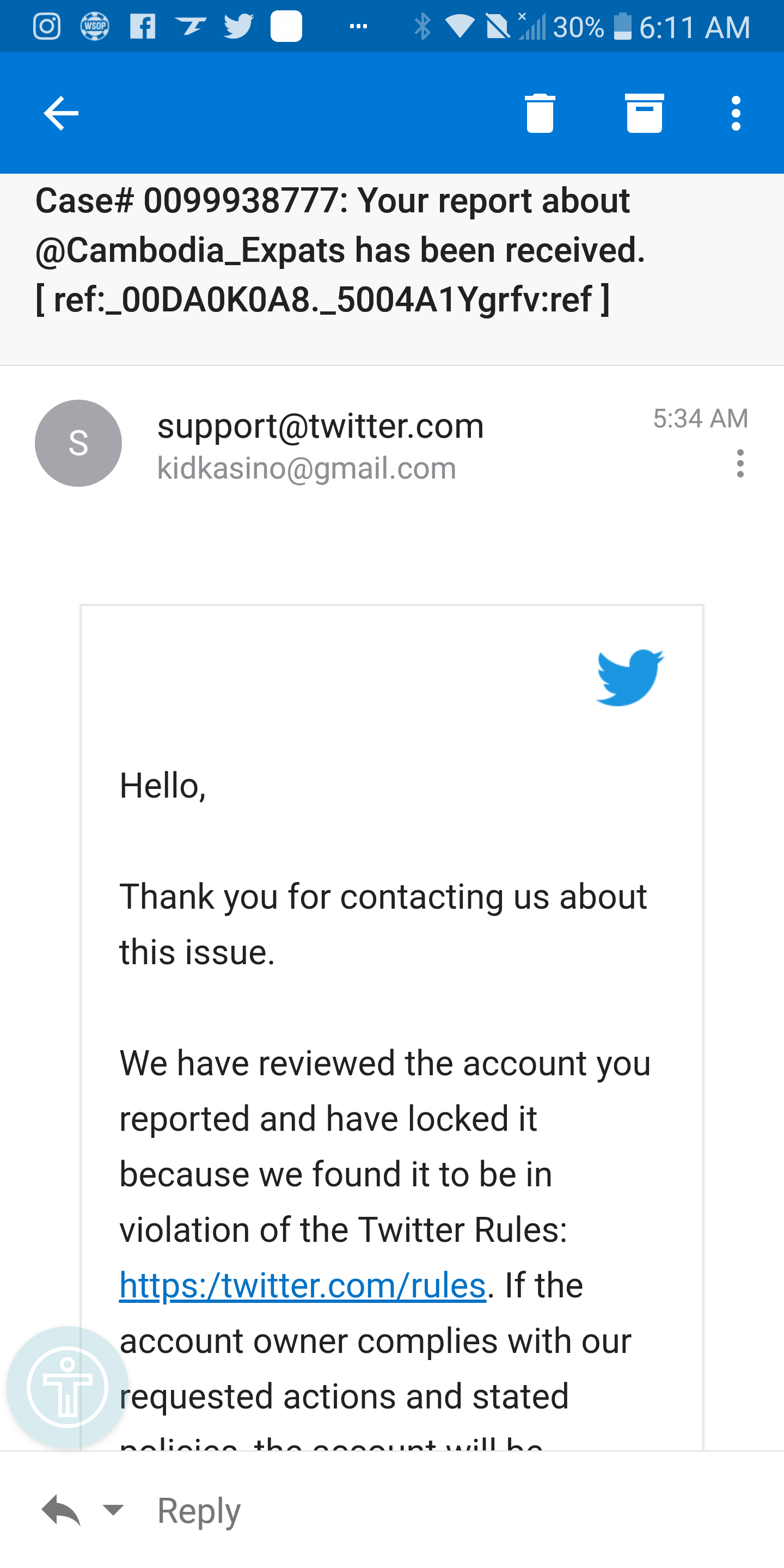 Twitter locking account for illegal post. Crime.
