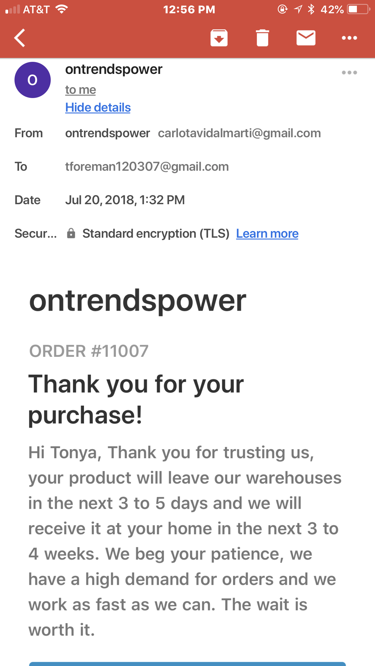 From the ontrendspower my order “confirmation “