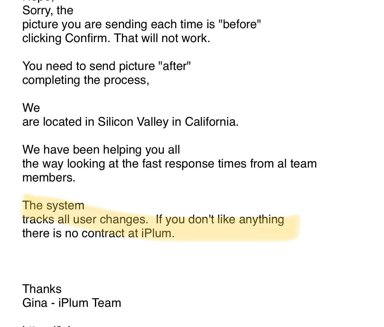 Email response from iplum