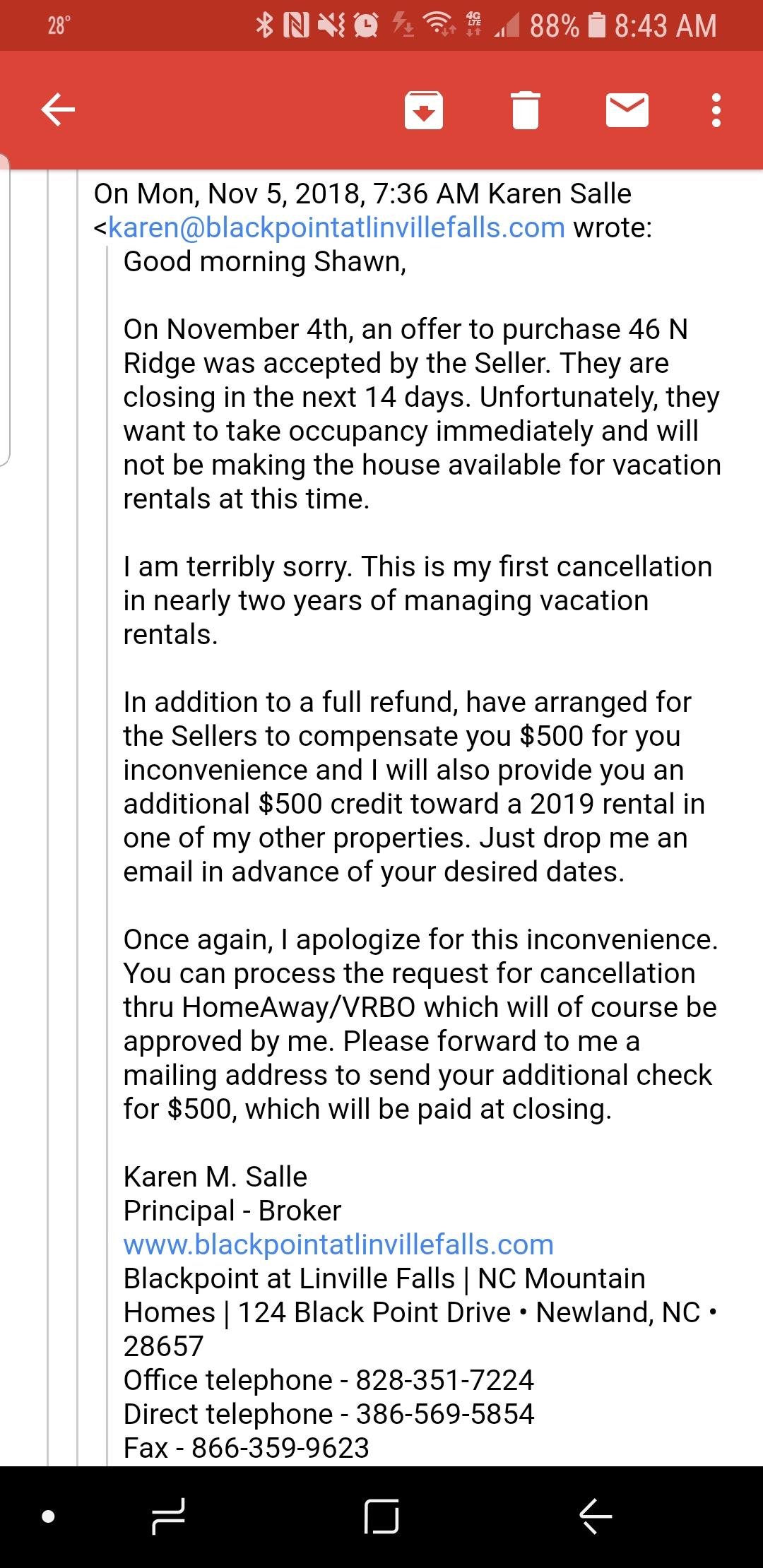 The email I received when she cancelled my reserva