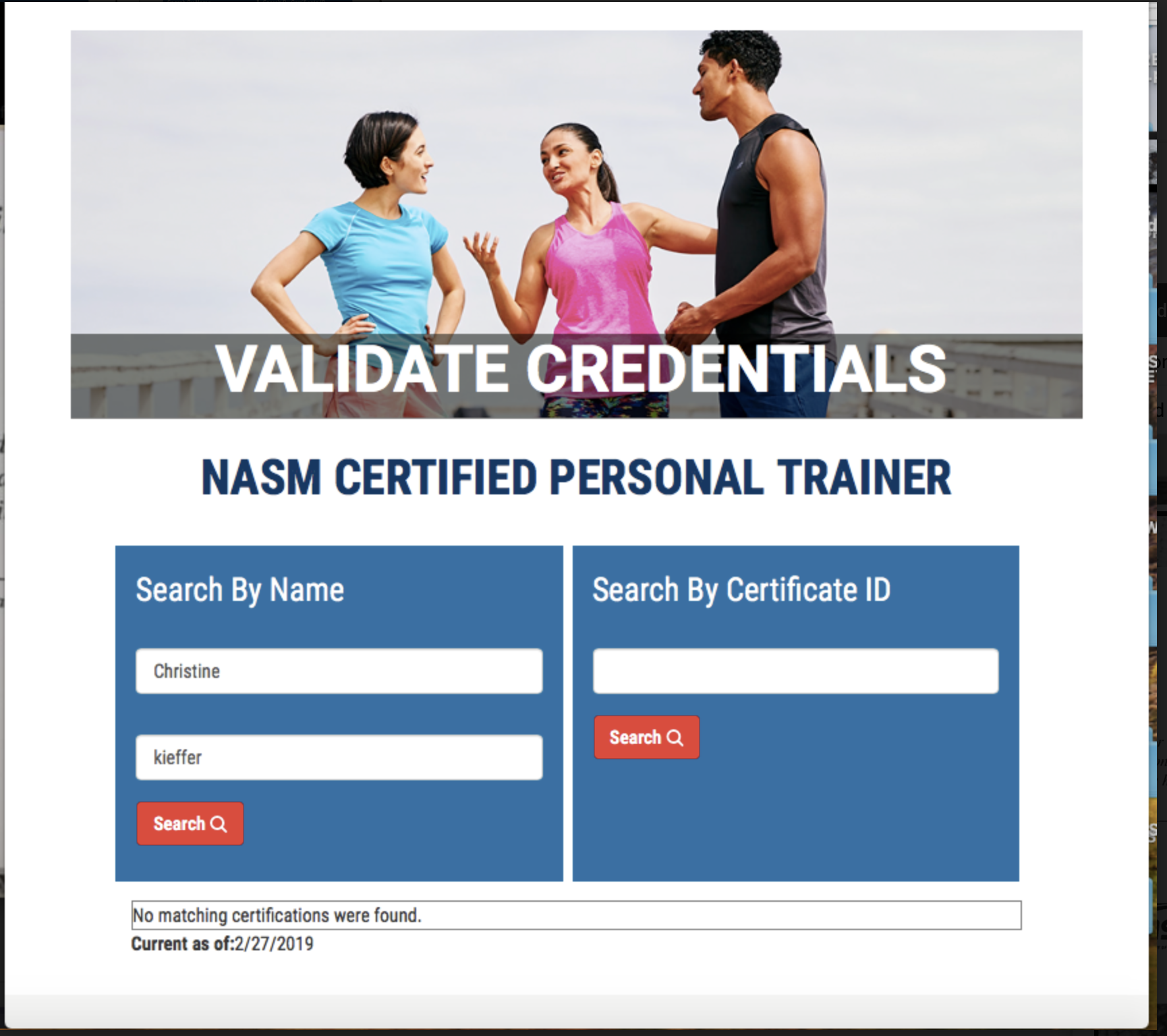 no record of certified trainer in NASM website