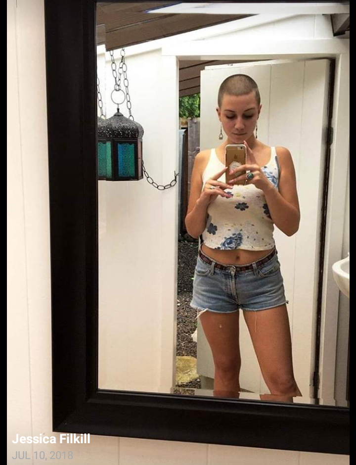 Jessica Filkill shaved her head to conceal her id