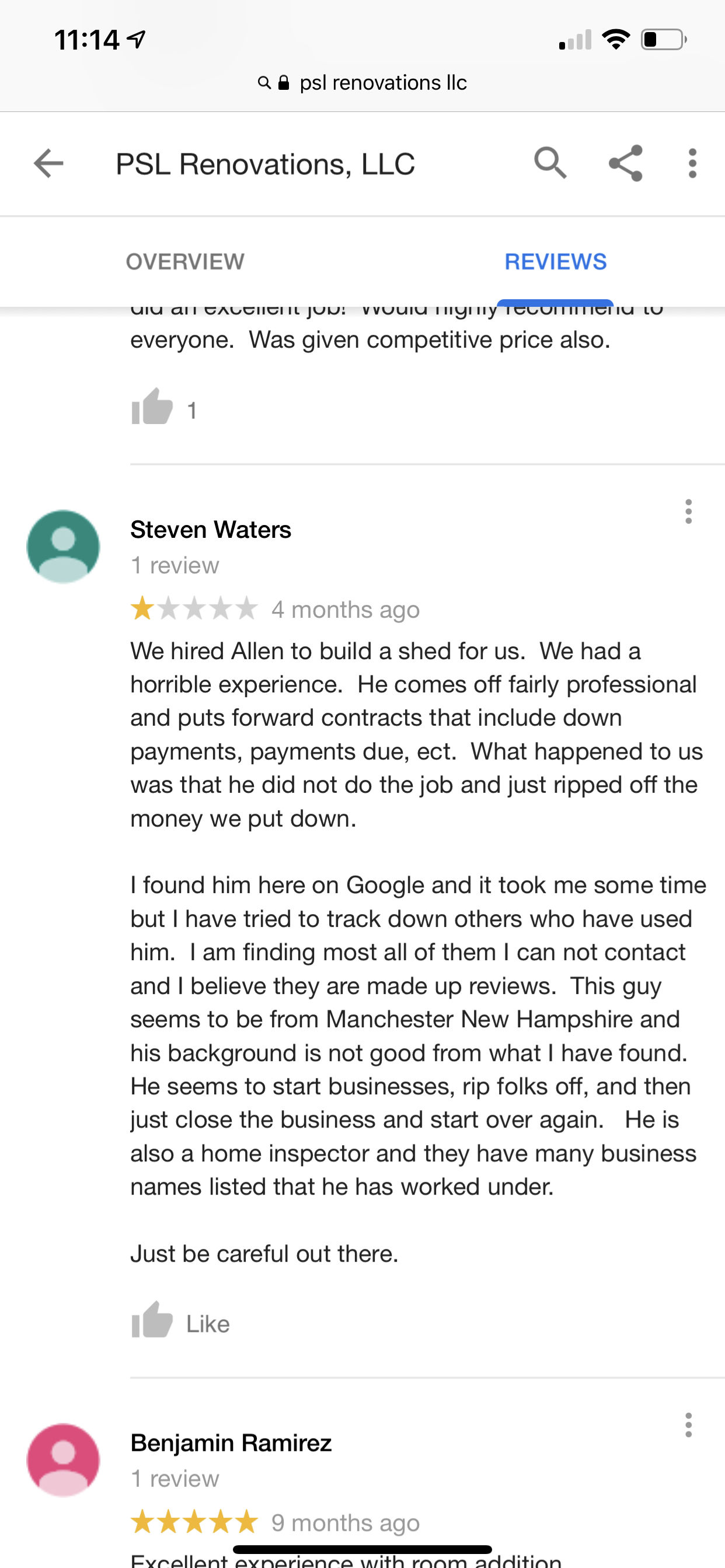 Negative reviews from google users 