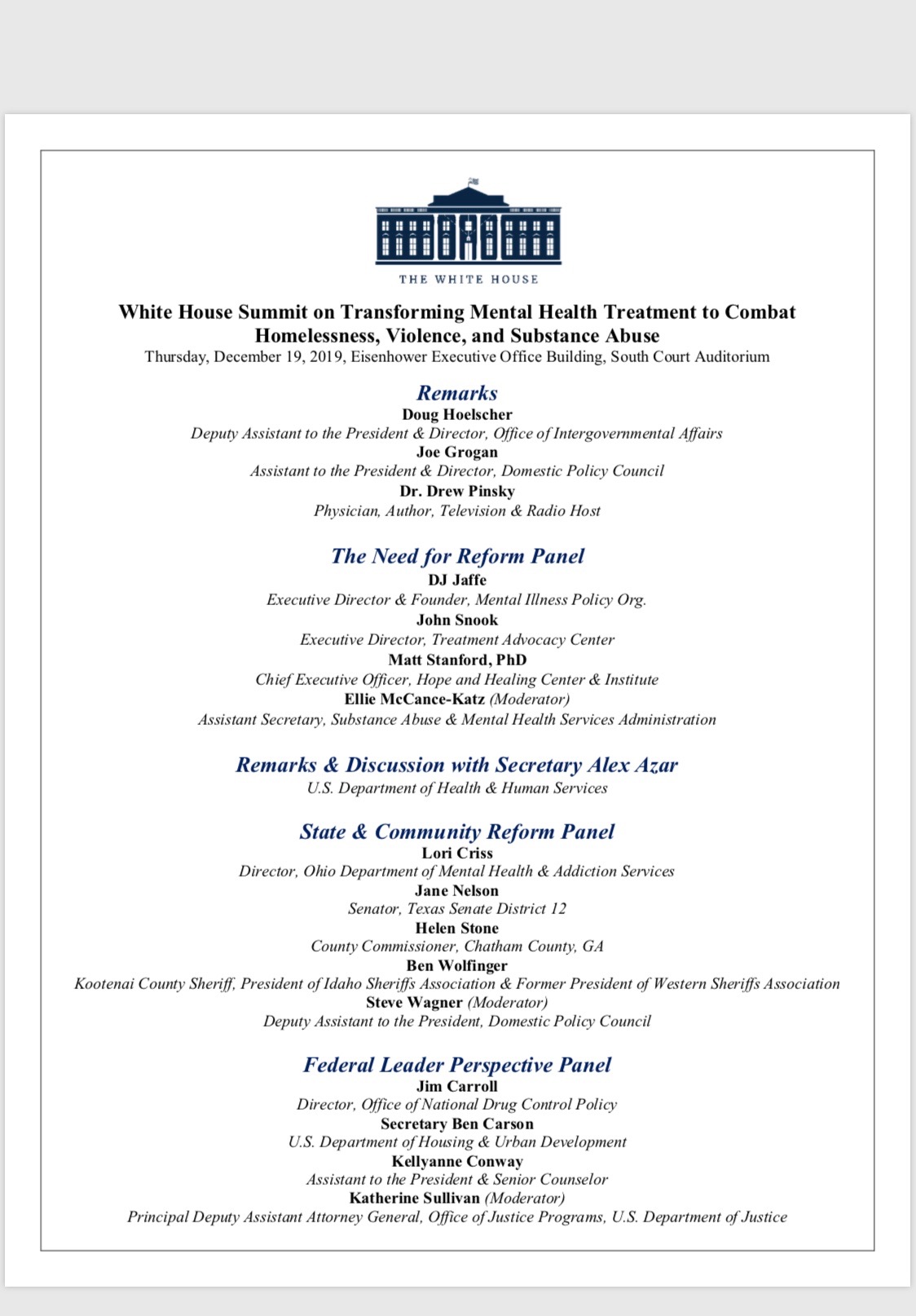 WHITE HOUSE SUMMIT ON TRANSFORMING MH 121919