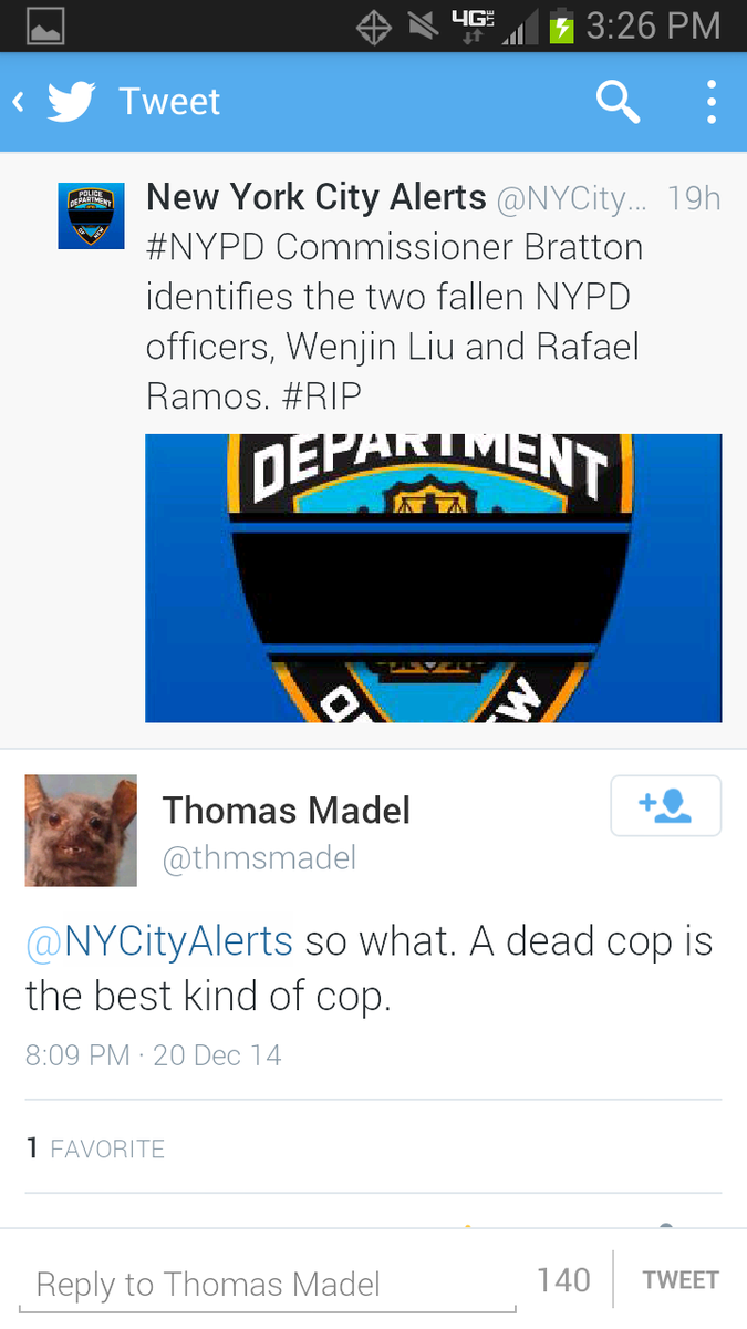 Madel celebrating the deaths of police on Twitter.