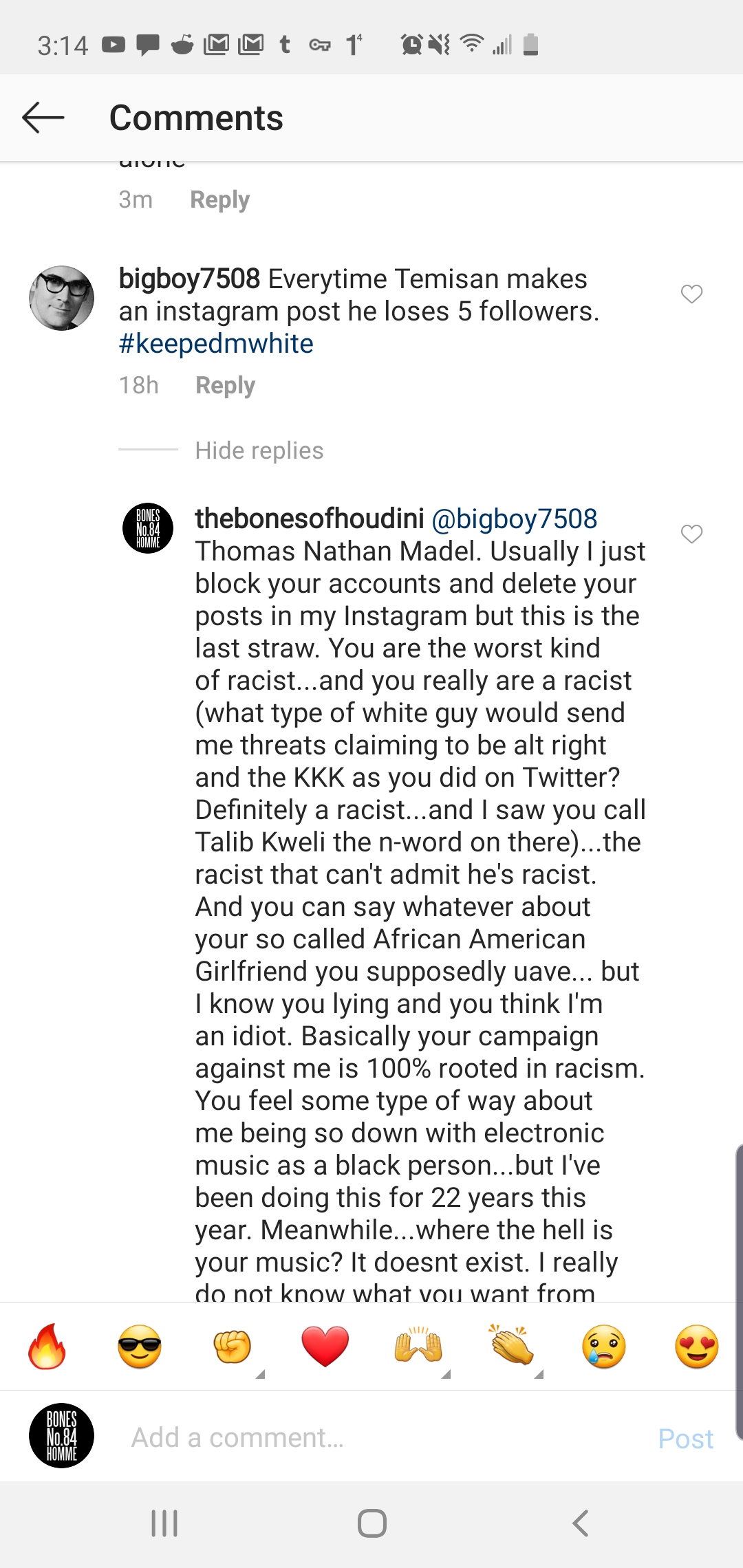 Me confronting Tommy's racism on IG.